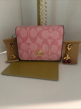 COACH Pink Signature Chain Crossbody Wallet with Gold Hardware with 2 charms